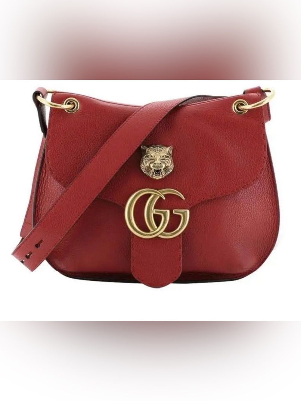 RARE Gucci Tiger Head Red Pebbled Leather Shoulder Crossbody with signature GG